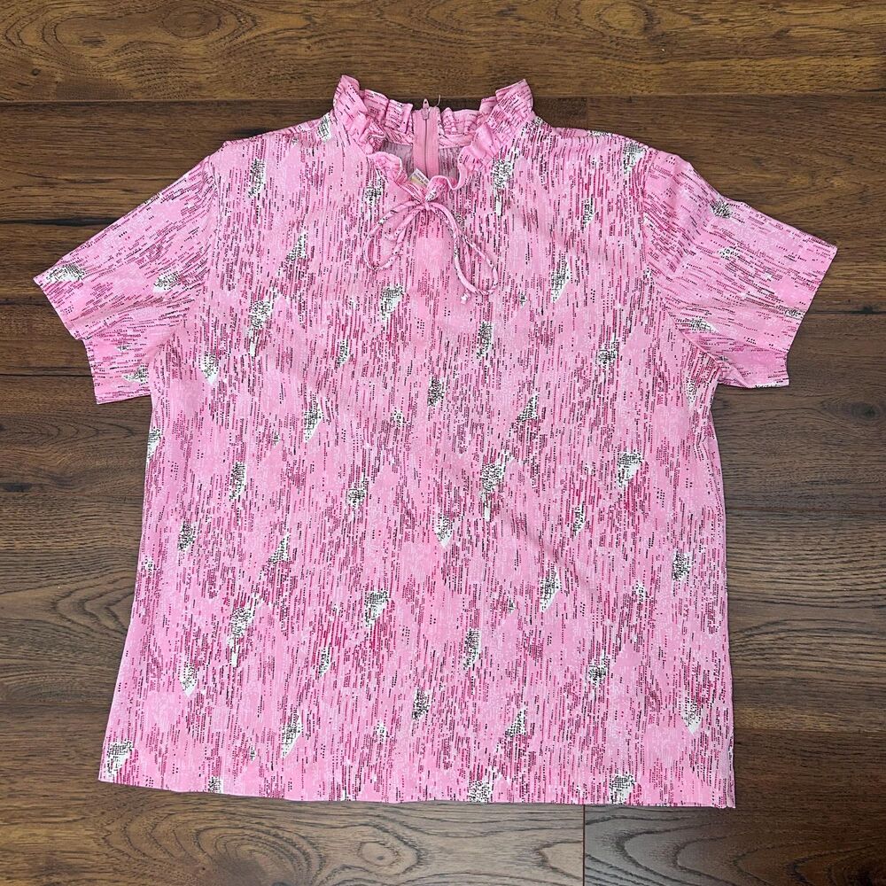 Vintage 70s Pink Ruffle Mock Neck Blouse, XL - Picture 3 of 5